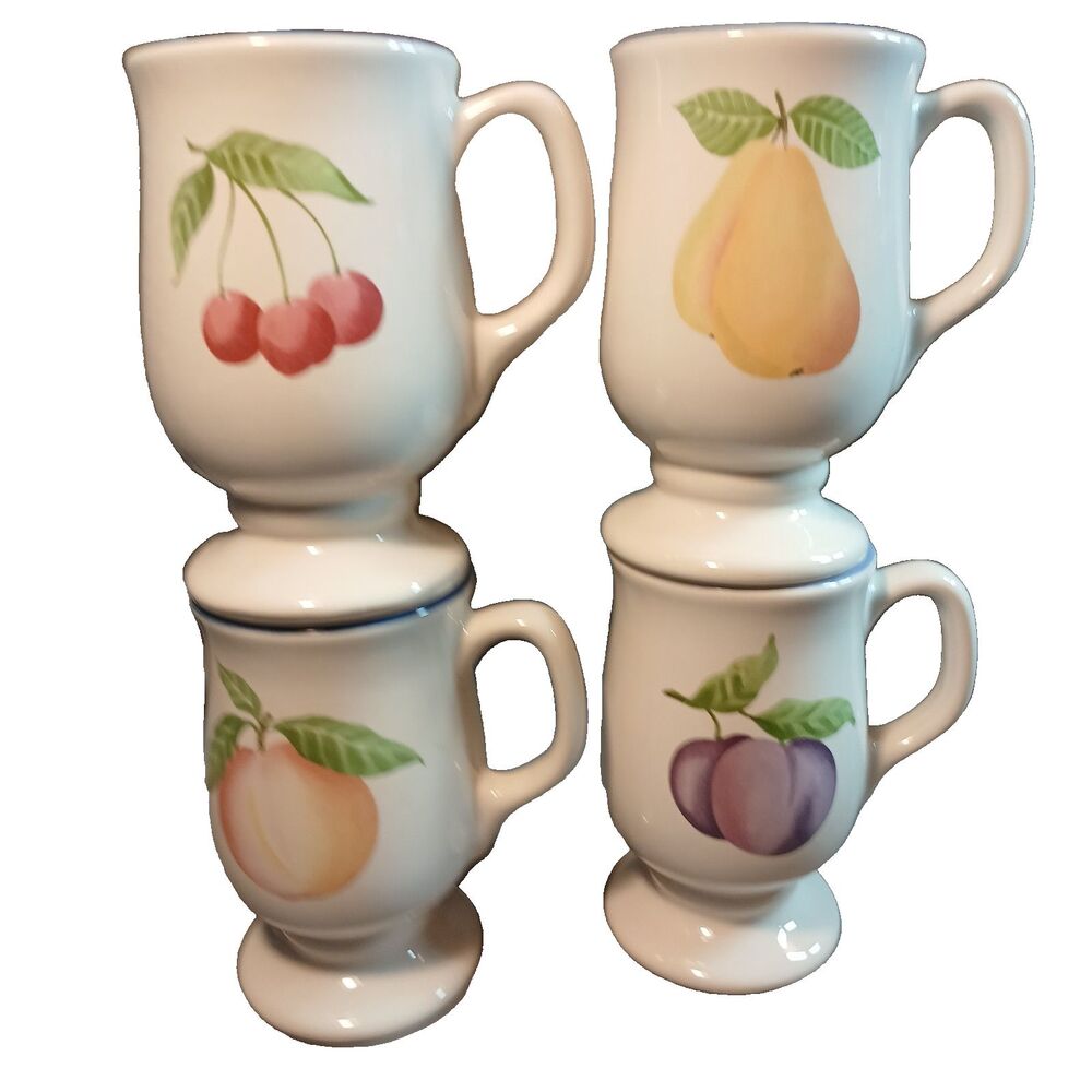 Pfaltzgraff Hopscotch Fruit 4 Pedestal Coffee Mugs Grandmugs Vintage 4 Fruits